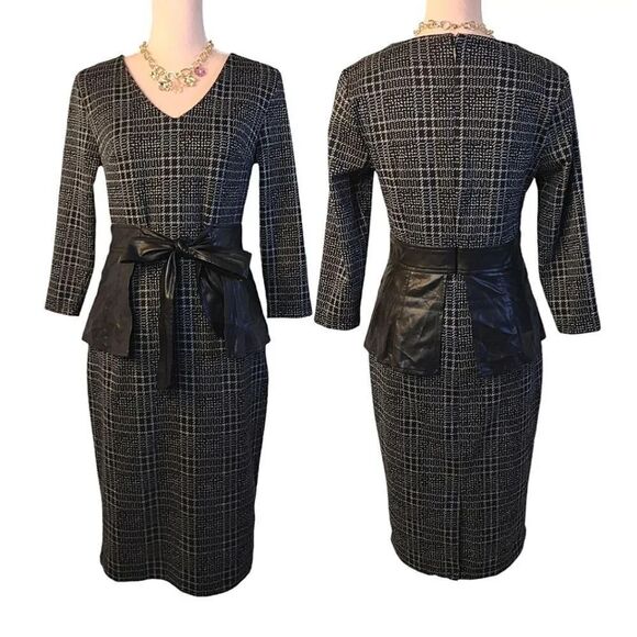 New York & Co Black Plaid Vegan Leather Bow Sheath Midi Dress Small - Picture 4 of 16